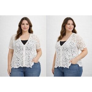Questions by Say What Women Lace Top Large Ivory Sheer Floral Crochet Boho Blous